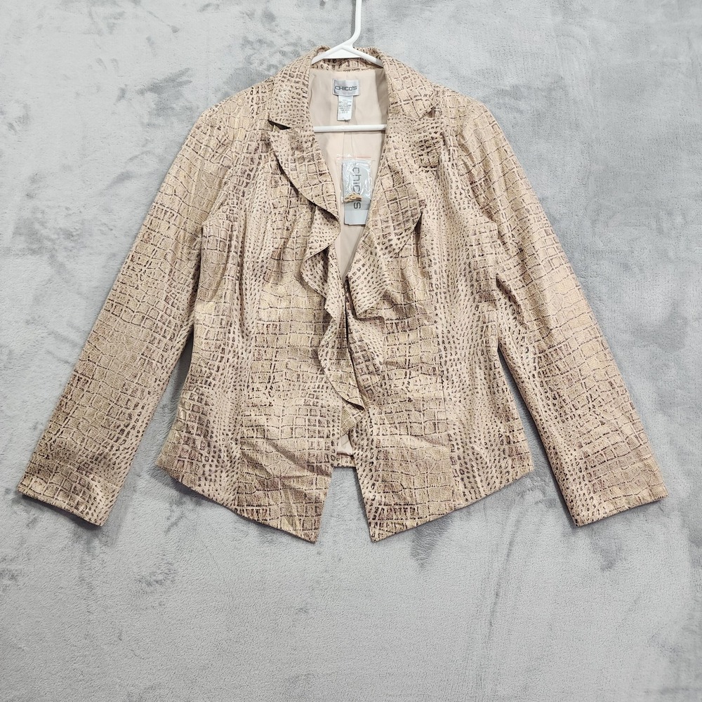 NEW Chico's Jacket Womens 0‎ 2/S Beige Animal Wave Aerin Ruffled Front Snakeskin